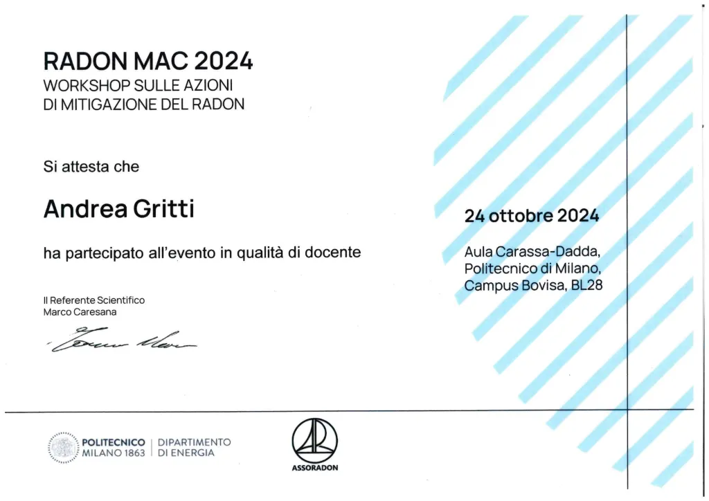 Teacher Certificate RADON MAC 2024 - Polytechnic University of Milan