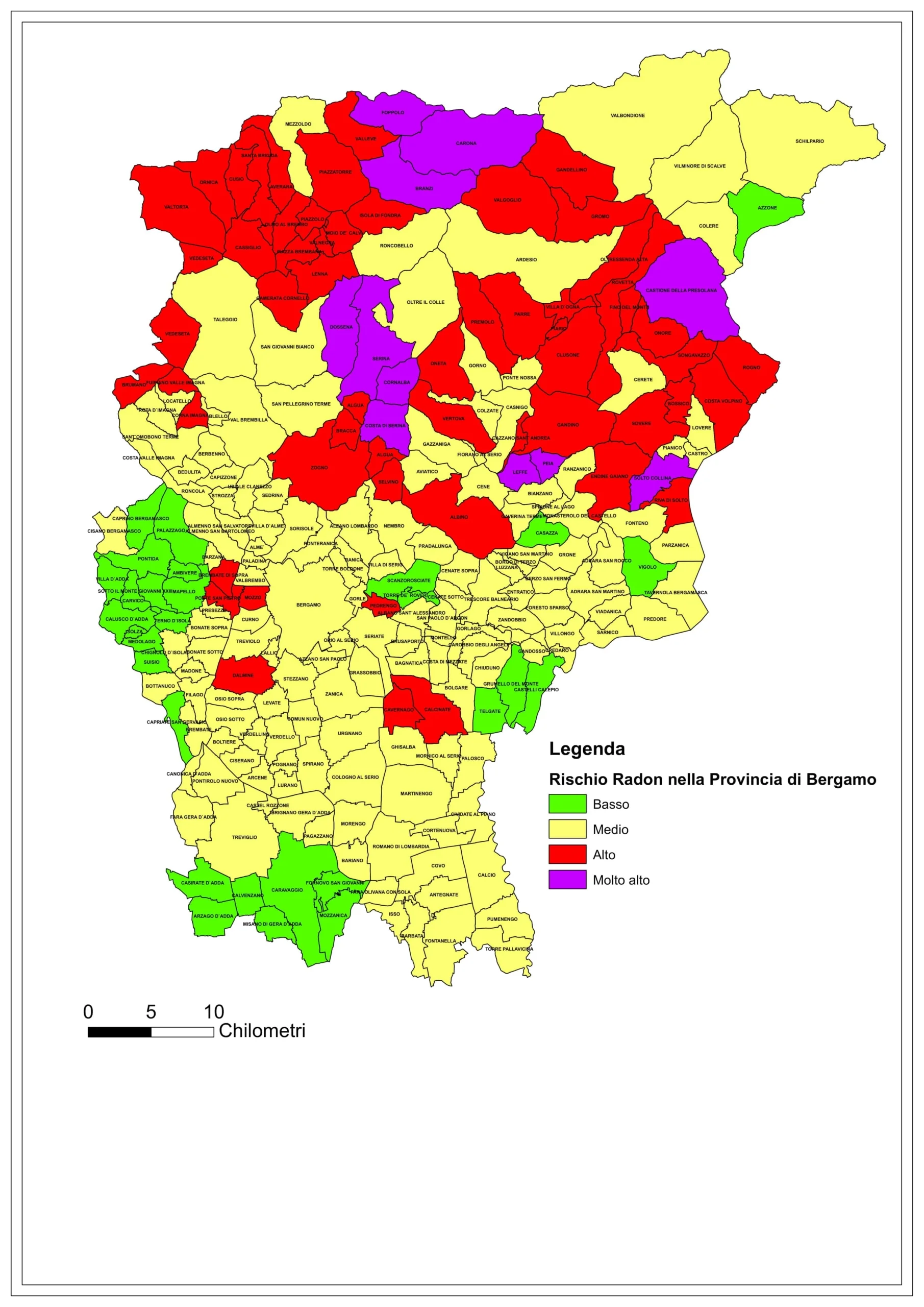 Mappatura Rischio Radon nella provincia di Bergamo con le zone a forte concentrazione evidenziate e schedate, elaborazione dati ARPA Lombardia e misurazioni in situ