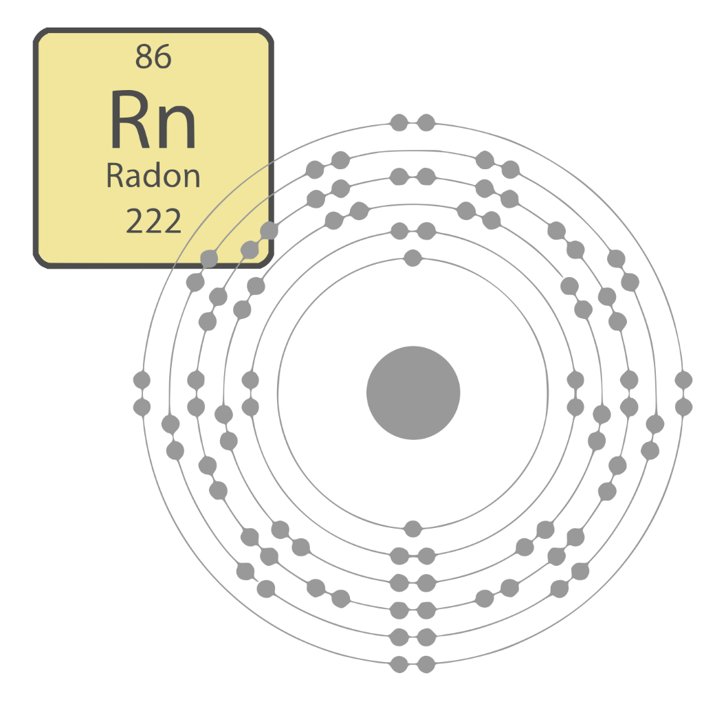 Struttura atomica gas nobile radon Rn-222 con 86 elettroni distribuiti in livelli energetici e nucleo radioattivo